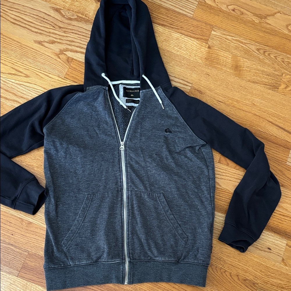 Quiksilver Men's Dark Gray and Black Hooded Zip-Up Sweater